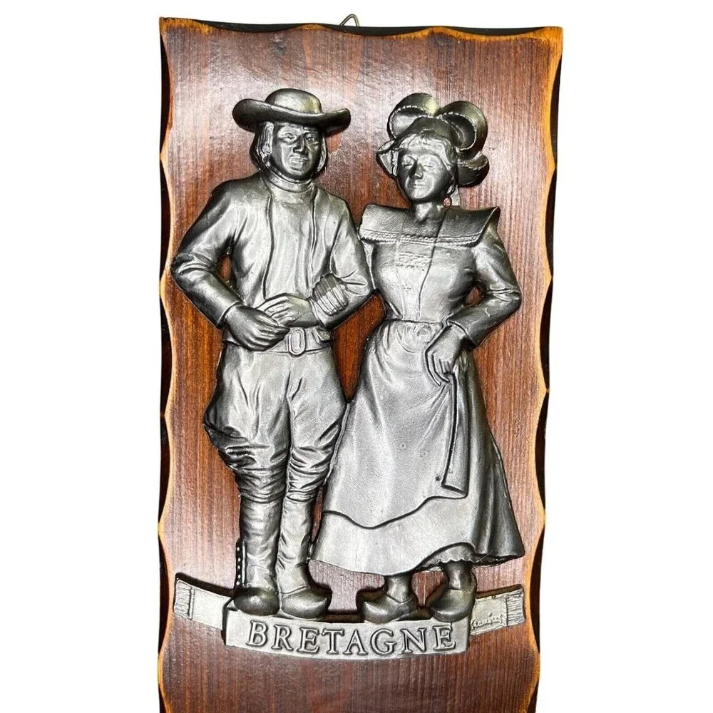 Vintage Wooden & Metal Bretagne France Barometer Man Woman Colonial 12”x4.5”